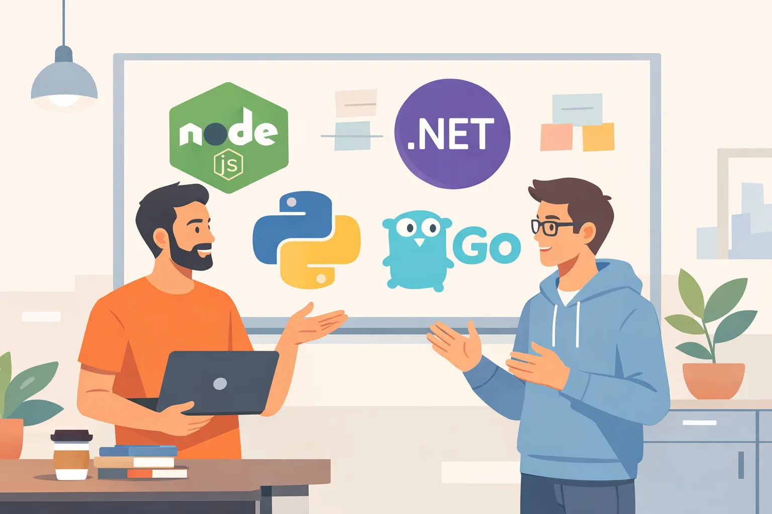 Stylized illustration of developers debating Node.js, .NET, Python, and Go stack choices