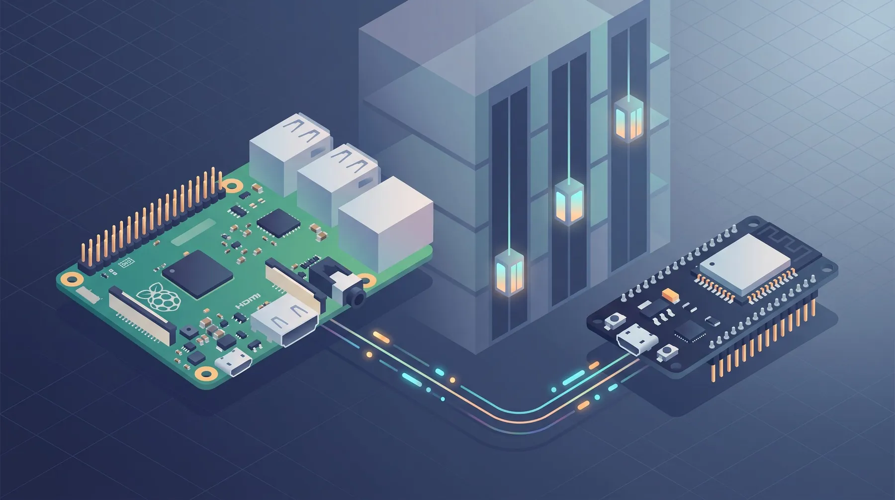 Opening image: a Raspberry Pi and an ESP32 communicating over a serial wire, with a stylized elevator in the background