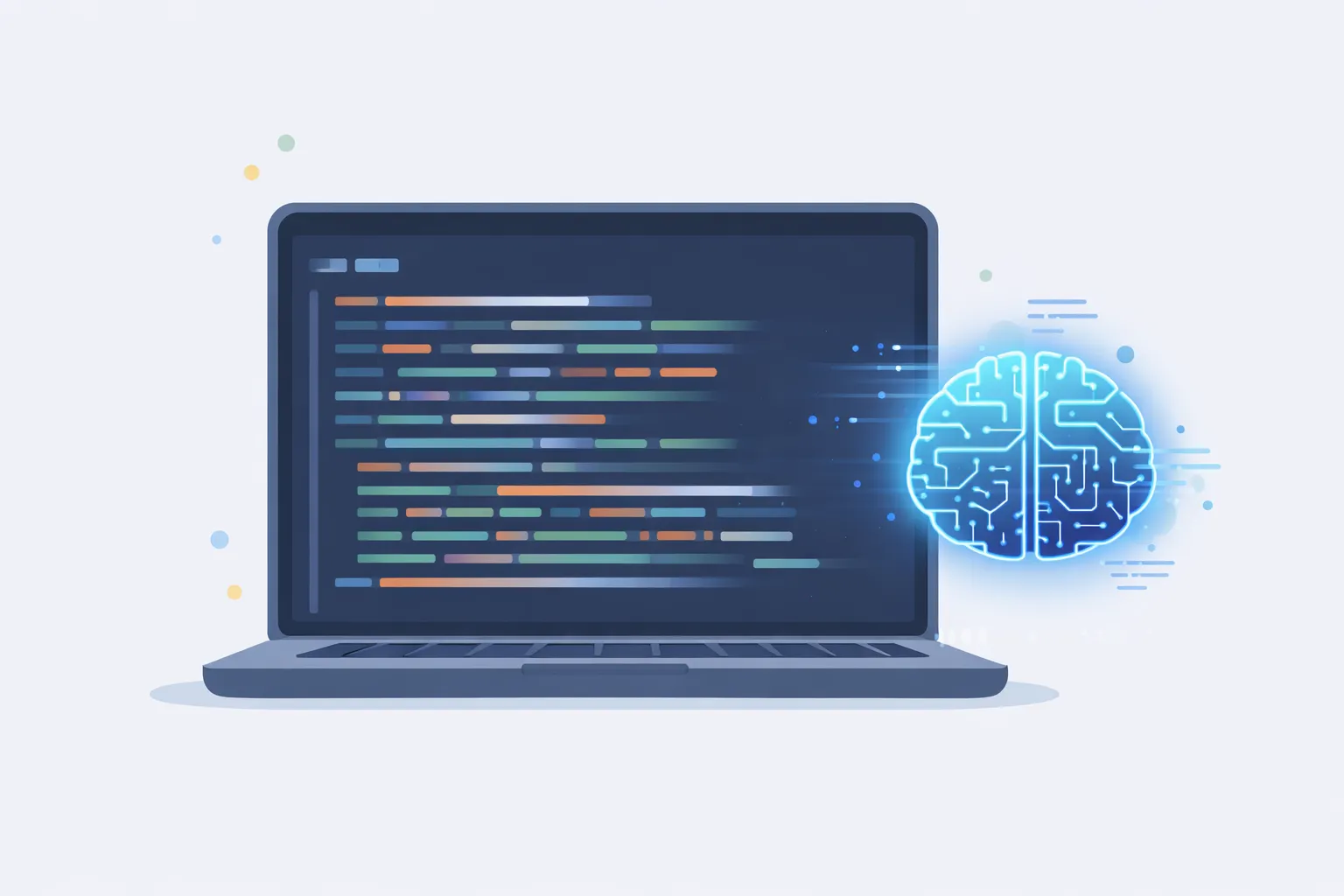 Computadora mostrando código generado automáticamente por IA junto a un ícono de cerebro digital.