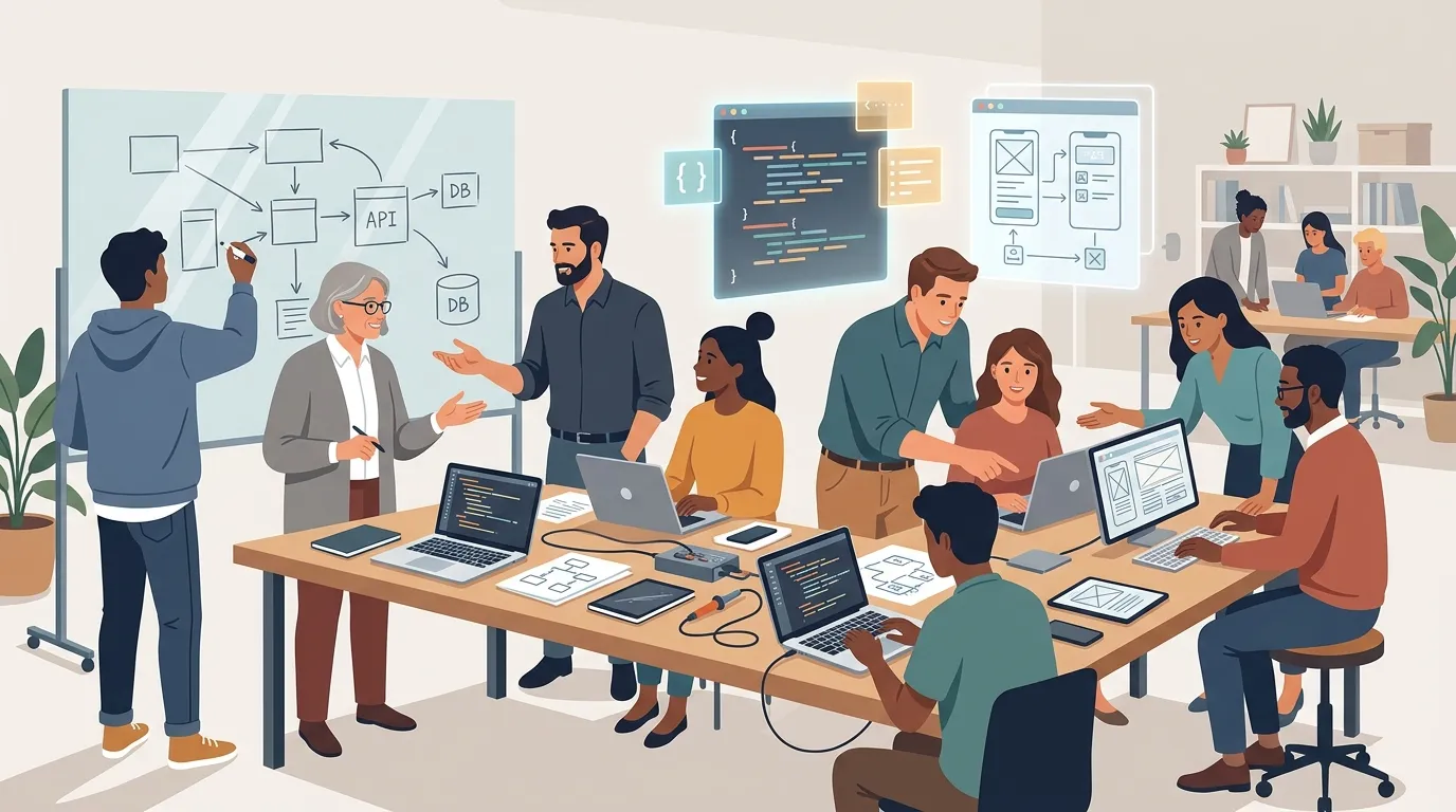 Opening image depicting a company and university collaborating to build real software together.