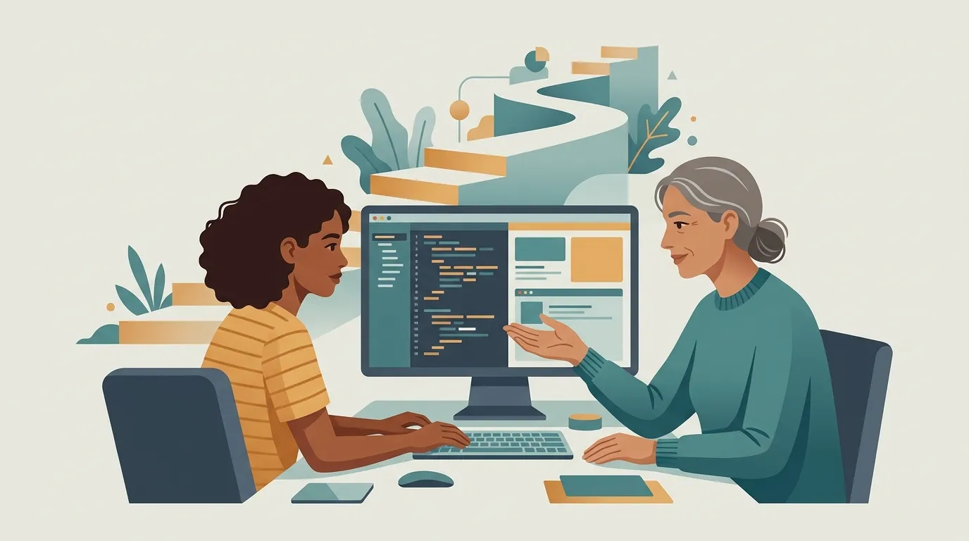 Opening image representing mentorship as long-term development: an experienced person supporting someone on the path to mastery through real practice.