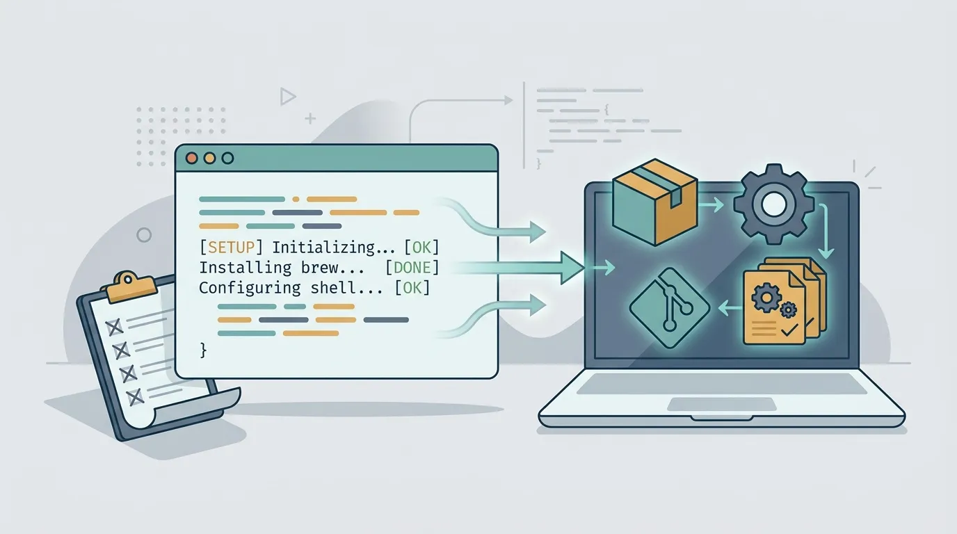 Opening image representing setup as code: a machine assembling itself from a script instead of following a manual process.