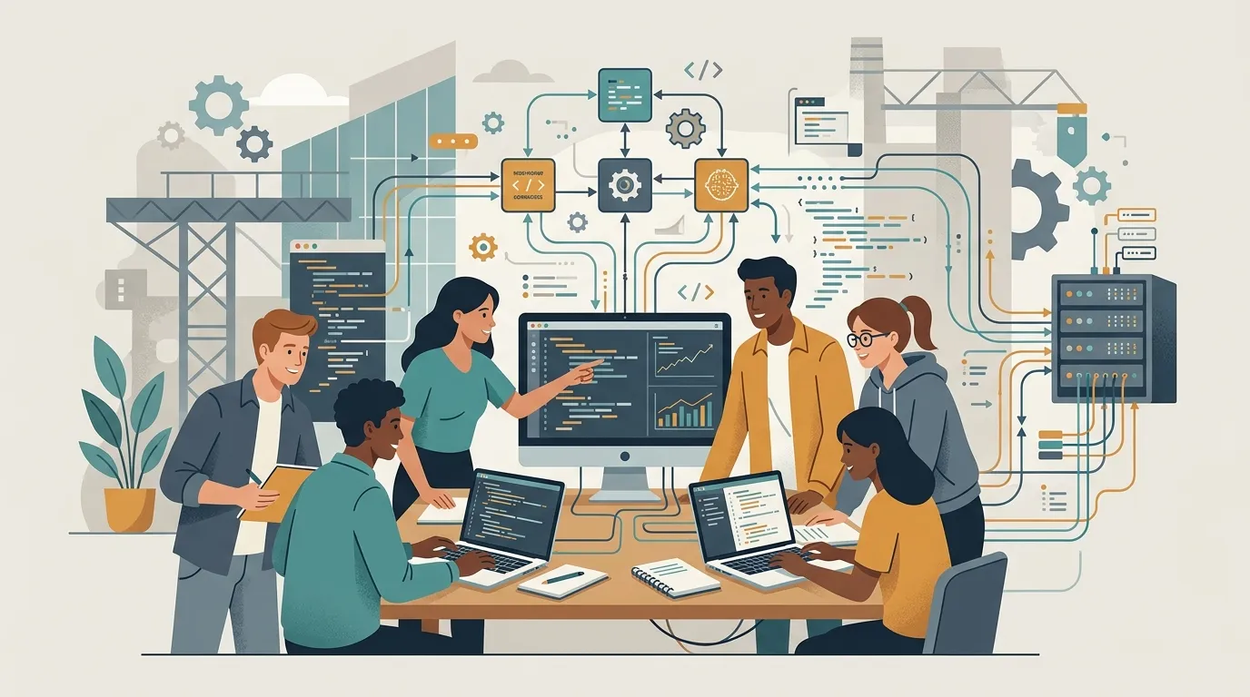 Cover image representing a university software factory, with students in a squad building real systems for production.
