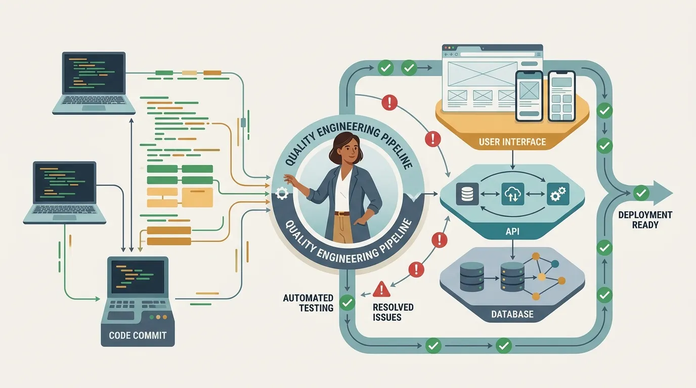 Cover image portraying an SDET as a quality engineer whose code tests the entire system, not just the screen.