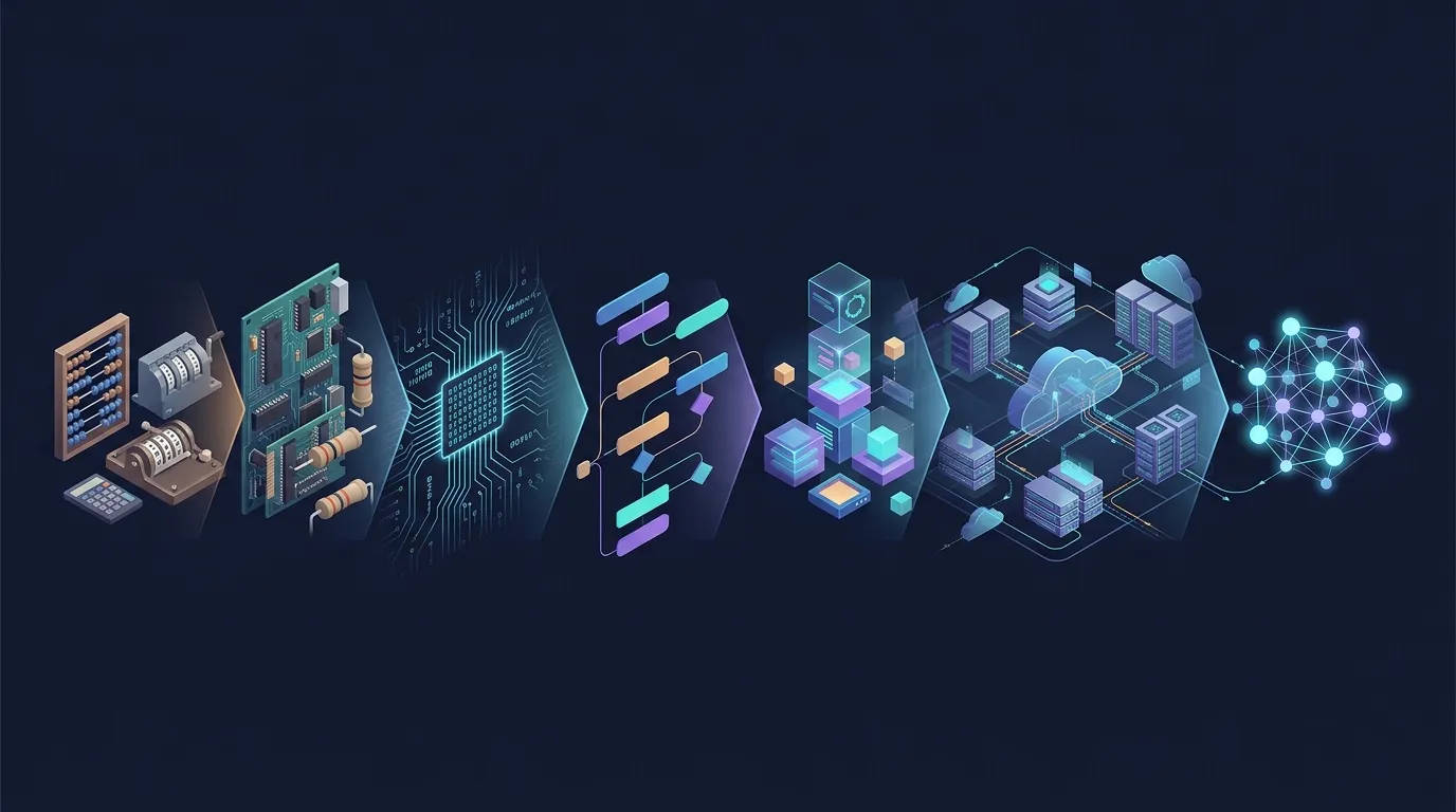 Línea de tiempo de la evolución de la programación: cálculo manual, assembly, lenguajes de alto nivel, frameworks, cloud e IA.