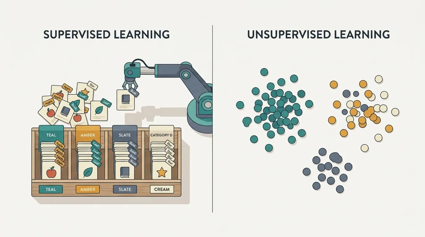Diferencia entre aprendizaje supervisado y no supervisado: datos etiquetados frente a datos agrupados sin etiquetas.