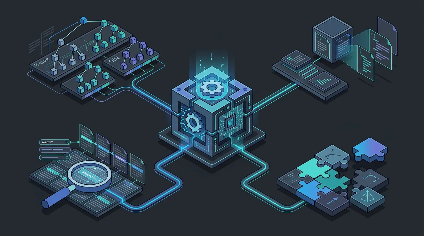 Infografía sobre recursos de PostgreSQL: índices BTREE y GIN, JSONB, búsqueda full-text y extensiones.