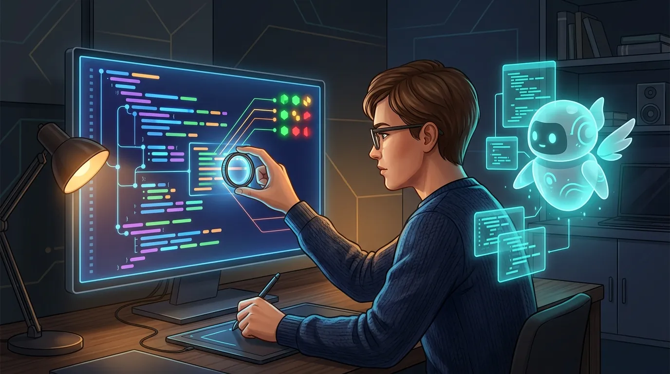 reforçar a ideia da IA como par júnior que precisa de revisão. - Prompt: - “Ilustração de um desenvolvedor em frente a um monitor com código, ao lado um avatar representando IA sugerindo mudanças, o d