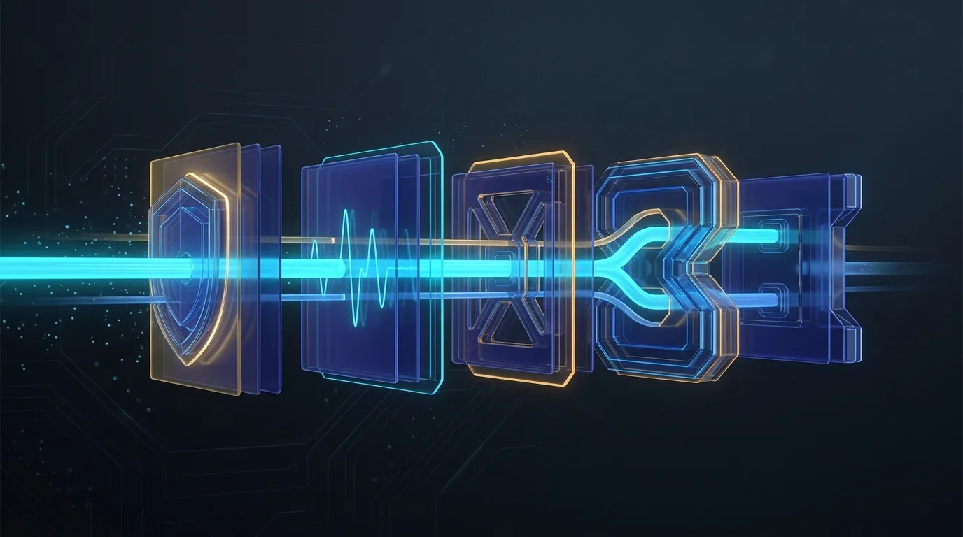 HTTP request flowing through a chain of middleware components, with each block adding behavior.