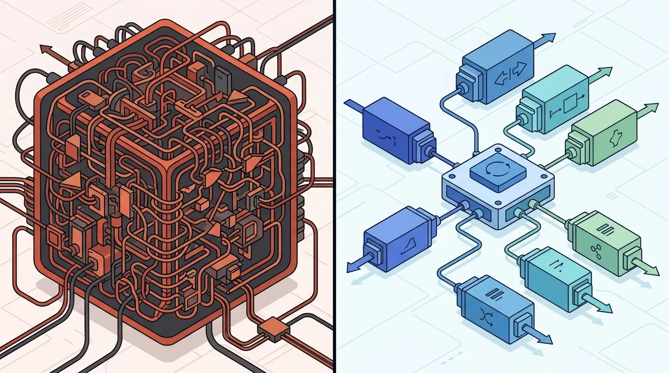 mostrar graficamente a diferença entre um bloco único com múltiplos if/else e múltiplas estratégias plugáveis. - Prompt: “Imagem dividida em duas partes: à esquerda um bloco de código denso com muitos