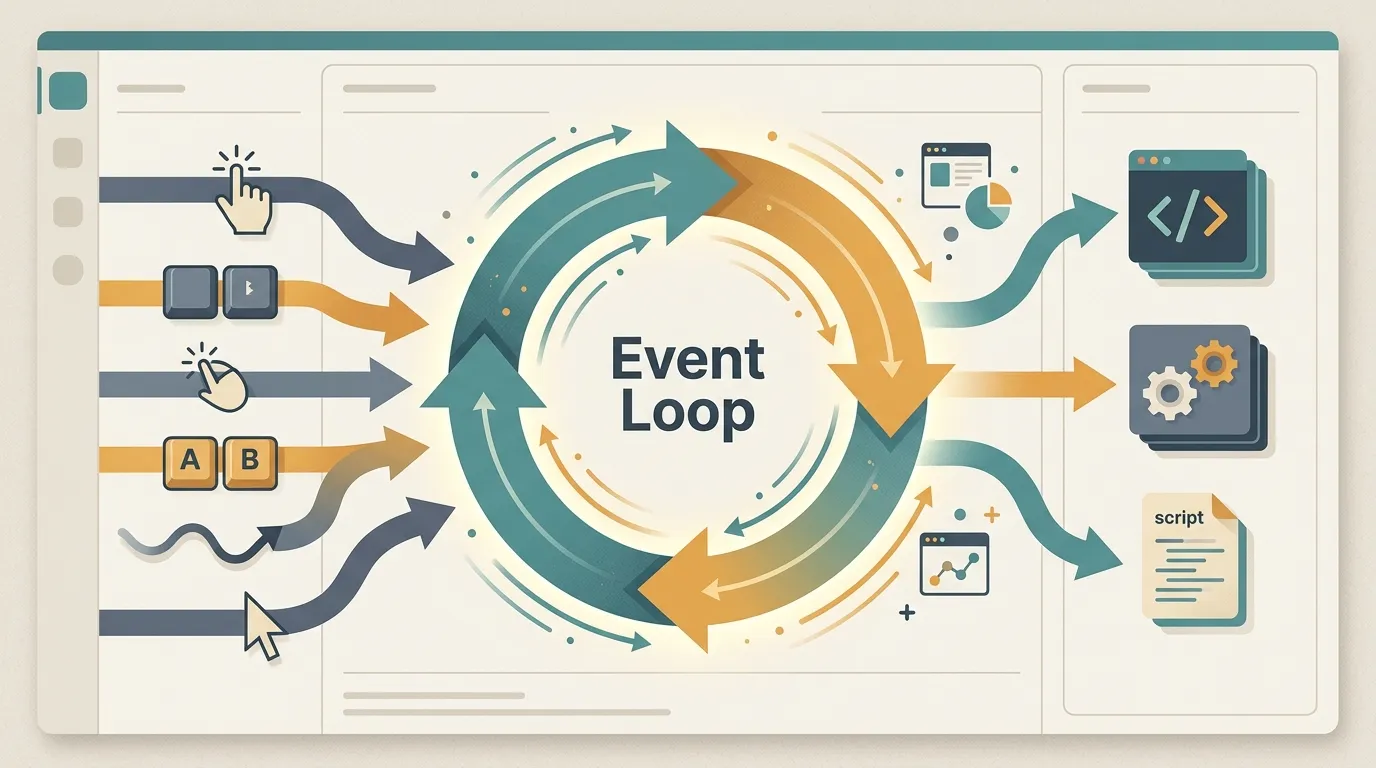 Representation of the event loop as a continuous cycle that listens and responds to events.