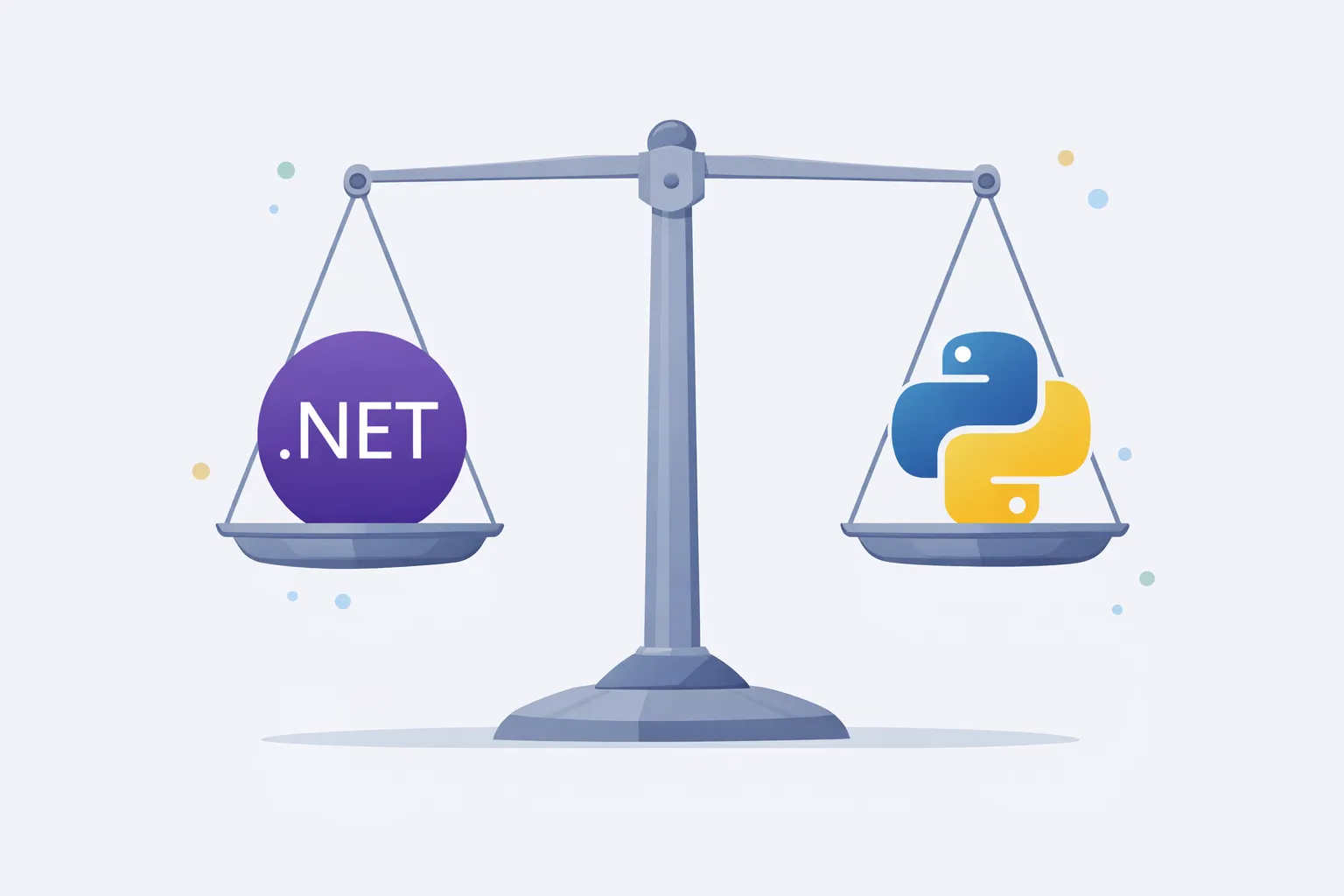Balanza equilibrada con los logos de .NET y Python, representando una comparación madura entre stacks.