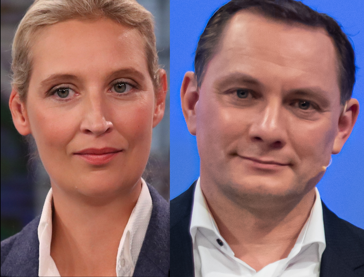 Os líderes da AfD, Alice Weidel e Tino Chrupalla, em montagem de duas fotos.