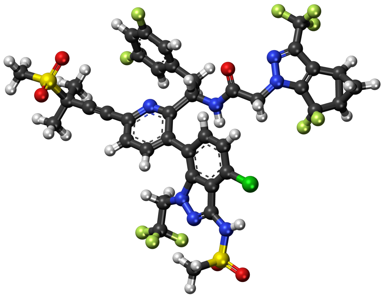 Representación tridimensional, en modelo de bolas y varillas, de la molécula de lenacapavir.