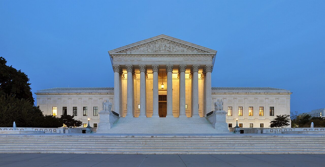 The west facade of the Supreme Court building in Washington, D.C., at dusk in 2011.
