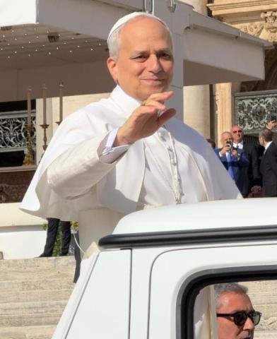 Pope Leo XIV crosses St Peter's Square in the popemobile during the Mass inaugurating his pontificate, at the Vatican, in May 2025.
