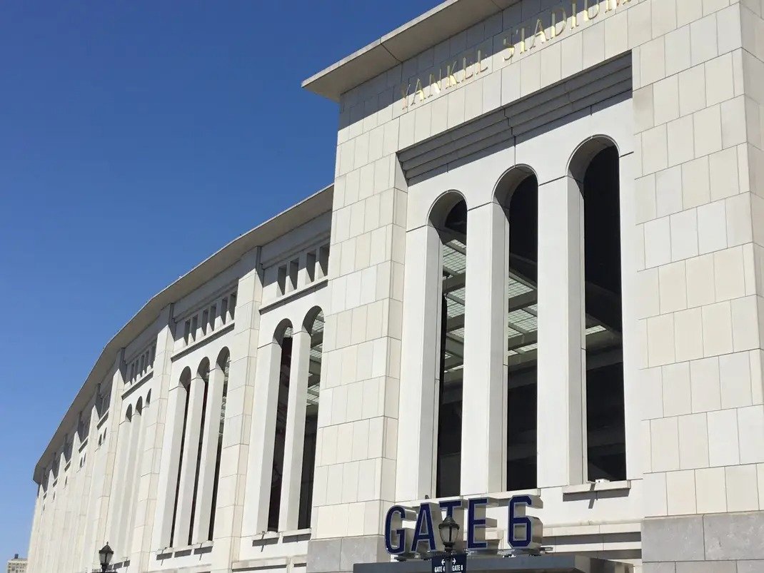 Yankee Stadium in the Bronx, New York, photographed in March 2026. New York swept its Wild Card Series there and now meets Tampa Bay.