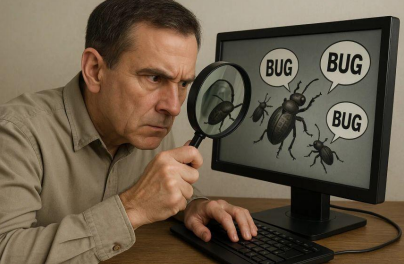 A imagem mostra a ideia de “caçar bugs”, ilustrando o trabalho investigativo necessário para identificar erros, entender suas causas e corrigi-los com precisão.