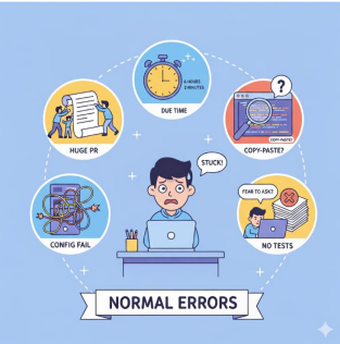 A ilustração mostra alguns dos erros mais comuns enfrentados por iniciantes em projetos reais, como PRs grandes, cópia sem entendimento, falta de testes e dificuldades de configuração.