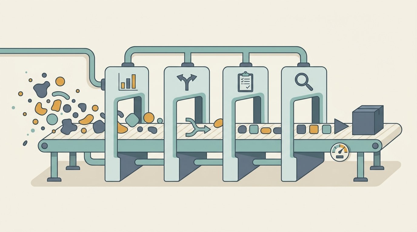 Machine learning discipline shown as a funnel of practices that filter out errors rather than relying on algorithmic magic.