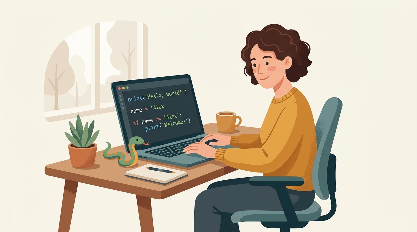Imagem de capa que apresenta o clima acolhedor e prático de começar a programar em Python.