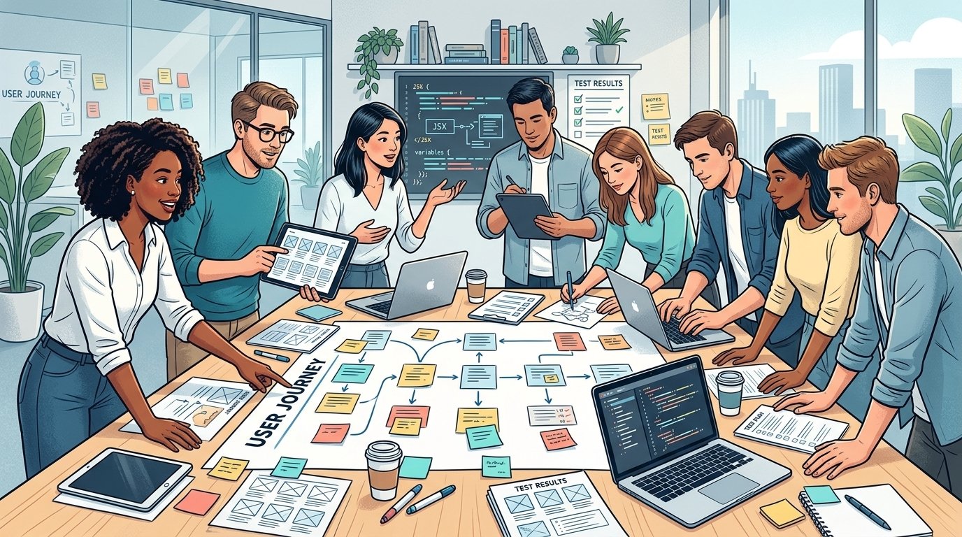 Ilustrar colaboração entre produto, design, desenvolvimento e qualidade