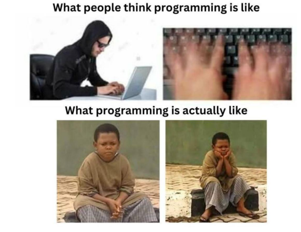 Meme que contrasta a visão estereotipada da programação, associada à velocidade e intensidade, com a realidade mais comum: longos momentos de espera, análise e reflexão diante dos problemas.