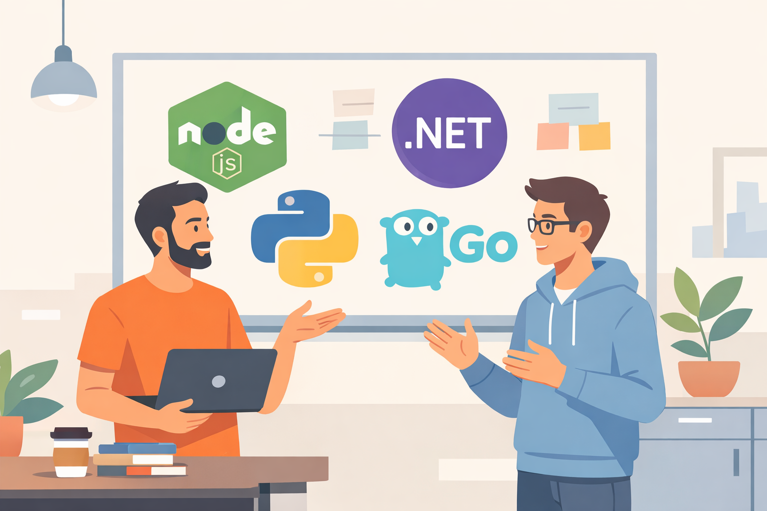 ilustrar visualmente a discussão polarizada de stacks. - Prompt: “Ilustração estilizada de desenvolvedores discutindo em frente a um quadro com logos de Node.js, .NET, Python e Go, em um ambiente de e