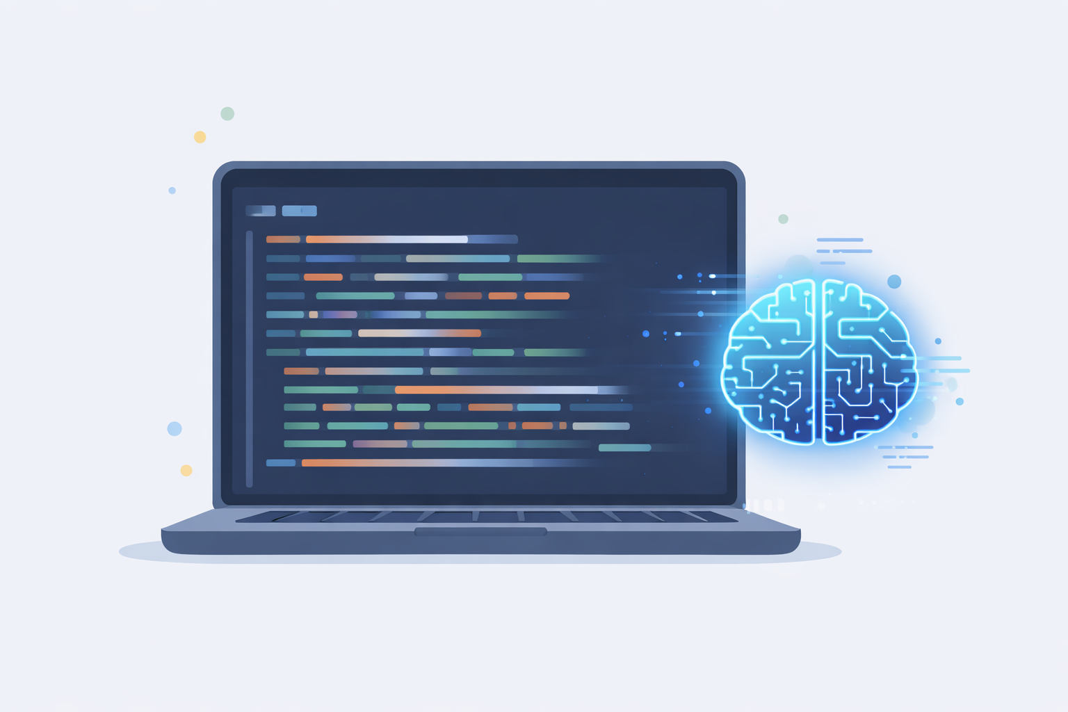 mostrar a IA gerando código rapidamente. - Prompt: “Computador exibindo linhas de código geradas automaticamente, com um ícone de IA ou cérebro digital ao lado, em estilo ilustração vetorial limpa, fo