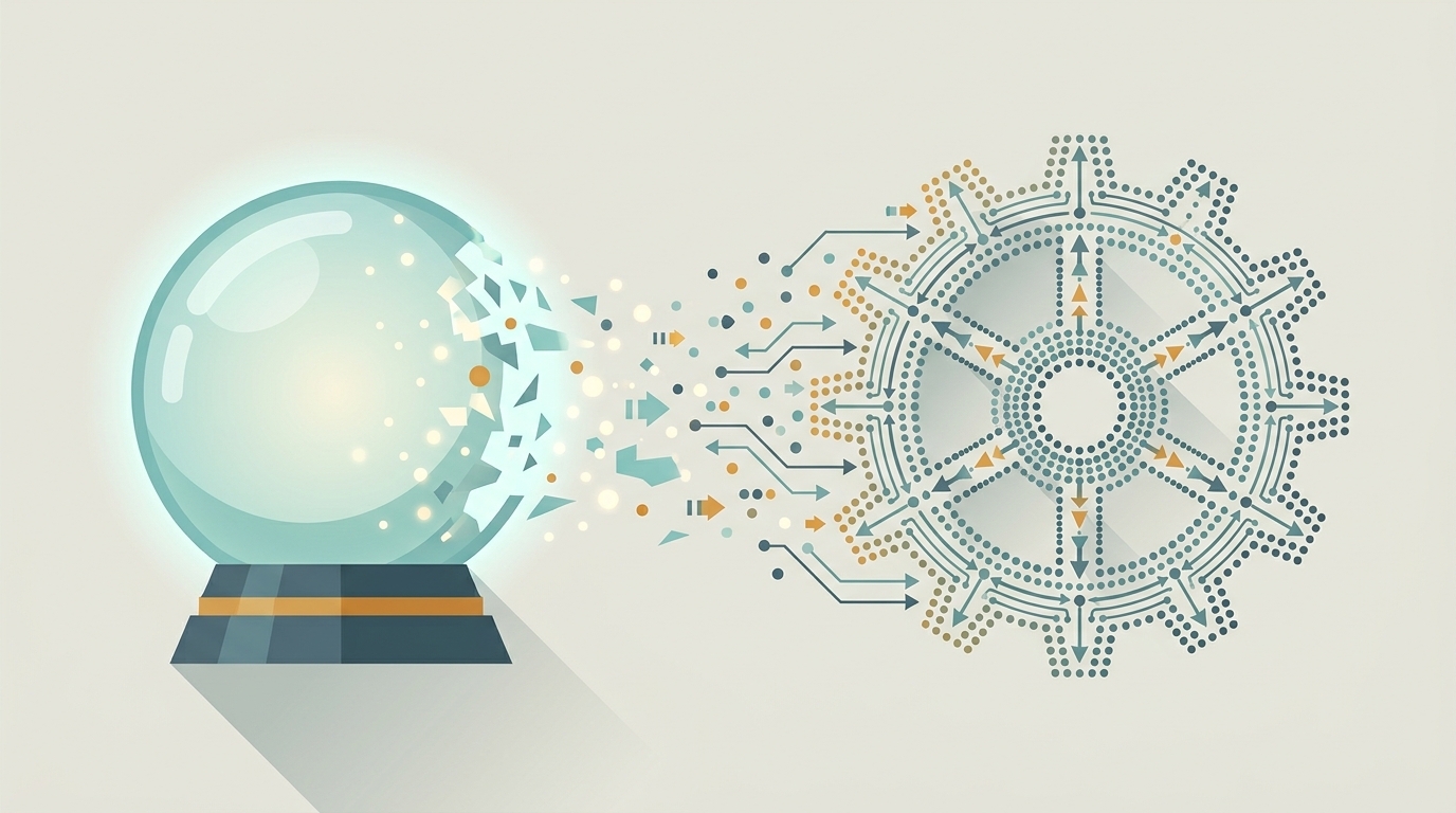 Abrir el artículo para desmitificar ML: contraste visual entre la magia que la gente imagina y la realidad de los datos y las funciones.