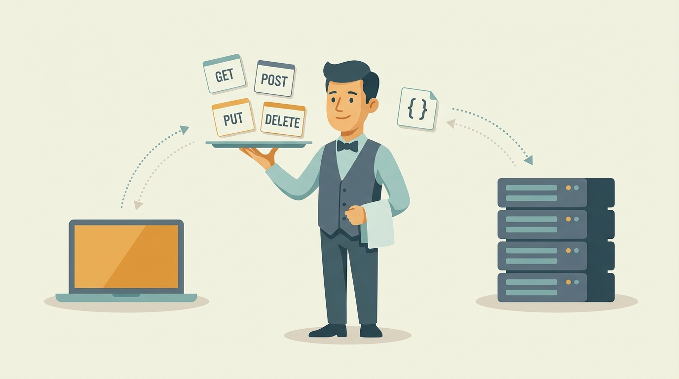 Ilustrar a metáfora central do artigo — a API como intermediária entre cliente e servidor — numa imagem de abertura limpa e convidativa para iniciantes.