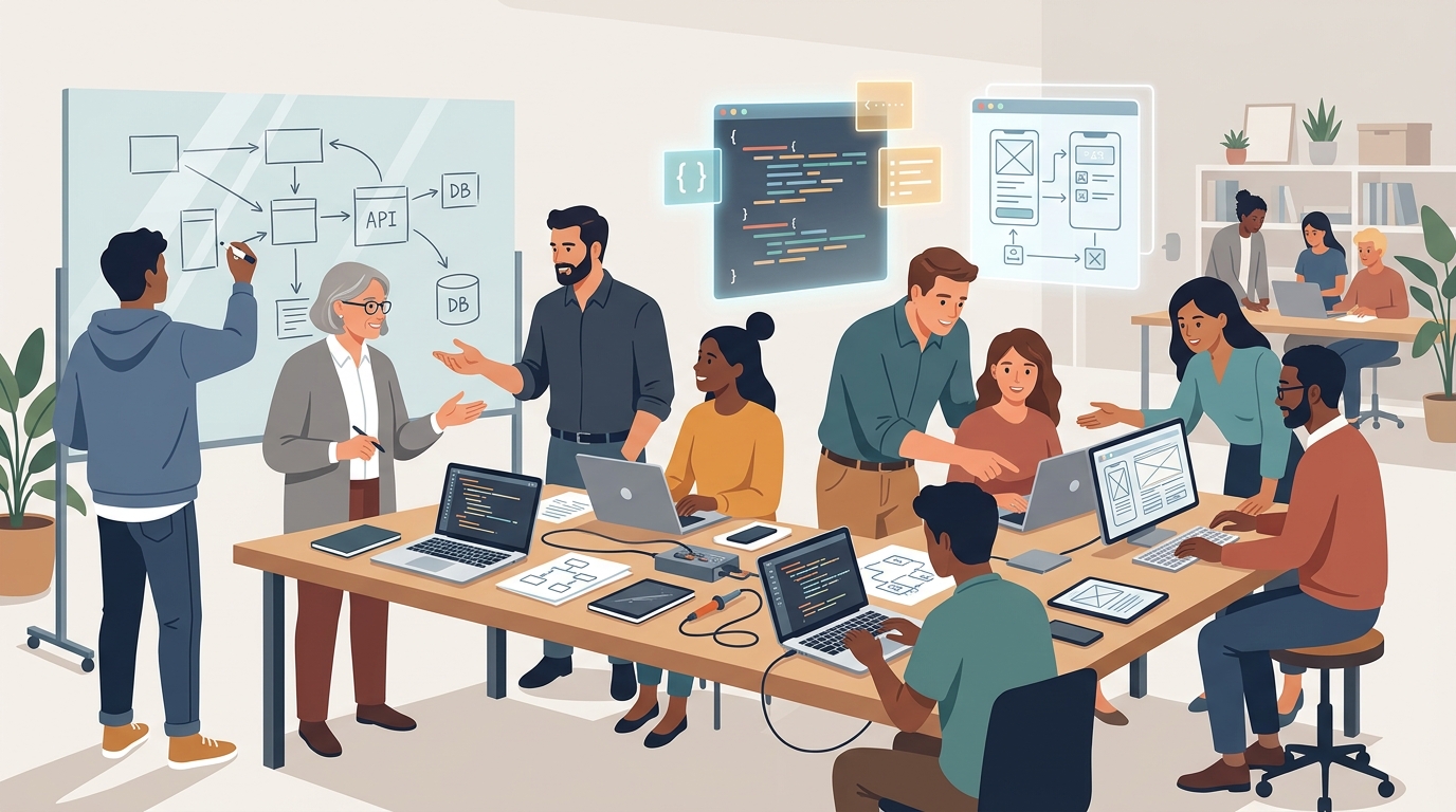 Imagem de abertura que traduz a colaboracao empresa + universidade construindo software real juntos.