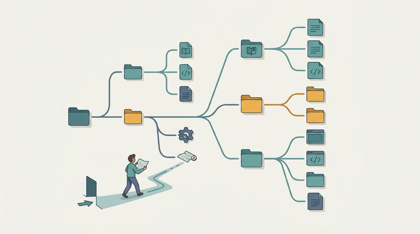 Imagem de ABERTURA que traduz a ideia de um repositorio bem organizado como uma estrutura clara e navegavel — pastas por dominio, raiz limpa, um mapa legivel para quem chega.