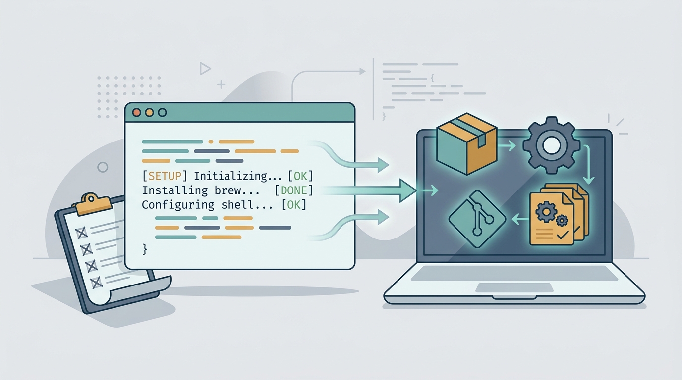 Imagem de abertura que traduz "setup como código" — a máquina se montando sozinha a partir de um script, em vez do processo manual.