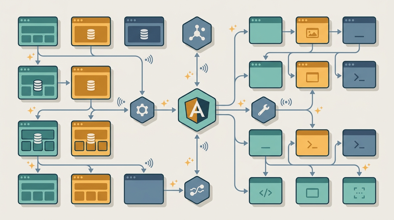 Imagem de abertura que traduz visualmente a ideia de organização e boas práticas em Angular — estrutura limpa, fluxo de dados previsível, componentes bem separados.