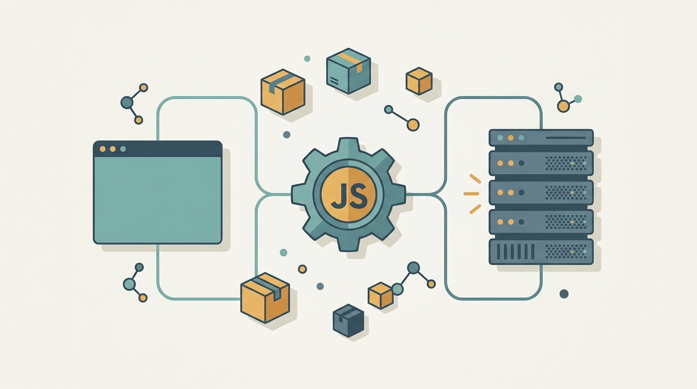 Imagem de capa que traduz a ideia central do artigo, JavaScript como o motor unico que roda tanto no navegador quanto no servidor.