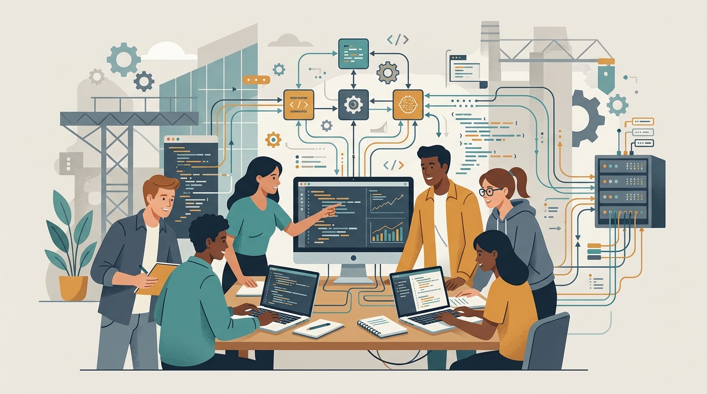 Imagem de capa/abertura que traduz a ideia de uma fábrica de software dentro da universidade — estudantes em squad construindo sistemas reais que vão para produção.