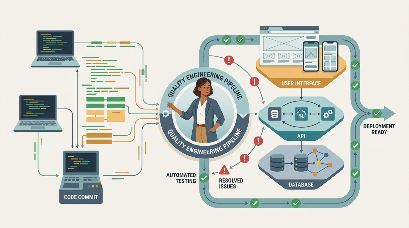 Cover image portraying an SDET as a quality engineer whose code tests the entire system, not just the screen.