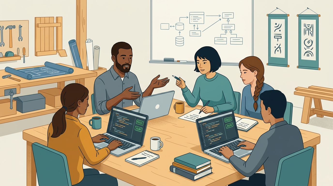Imagem de capa/ABERTURA que traduz software craftsmanship como ofício praticado em comunidade.