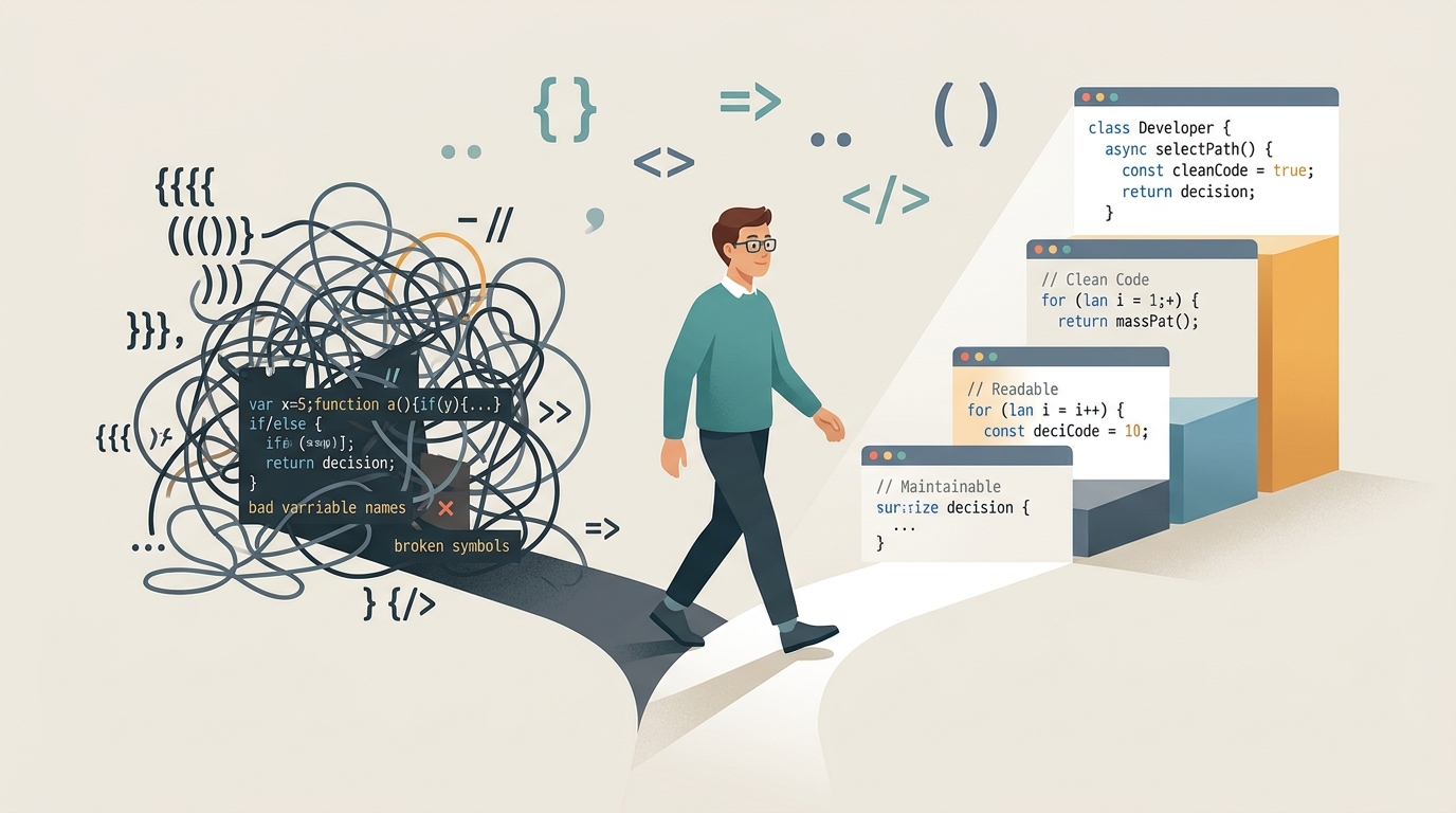 Imagem de capa/abertura que traduz visualmente a ideia de "boas práticas de JavaScript" — código organizado e previsível em contraste com armadilhas evitadas.