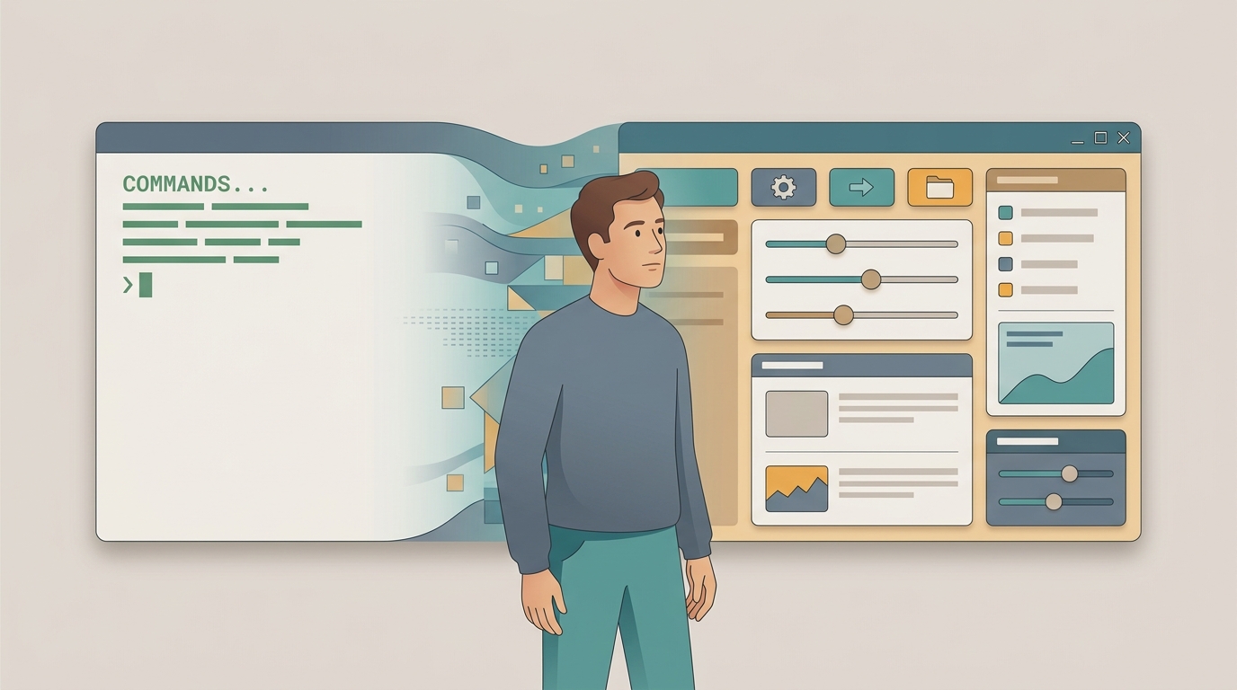 Illustration of the mental shift from the terminal to a graphical interface.