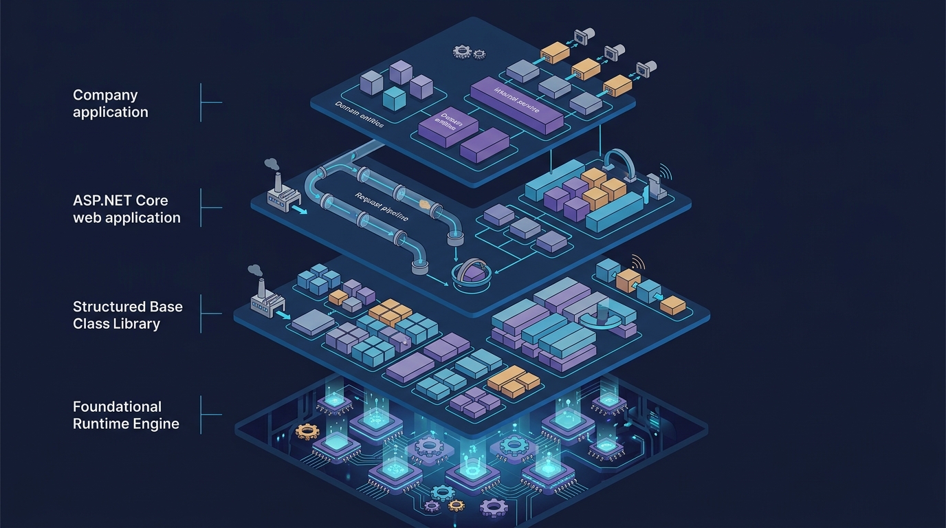 Diagrama conceptual del ecosistema .NET: runtime, BCL, ASP.NET Core y código de la empresa, con los puntos donde aparecen los patrones.