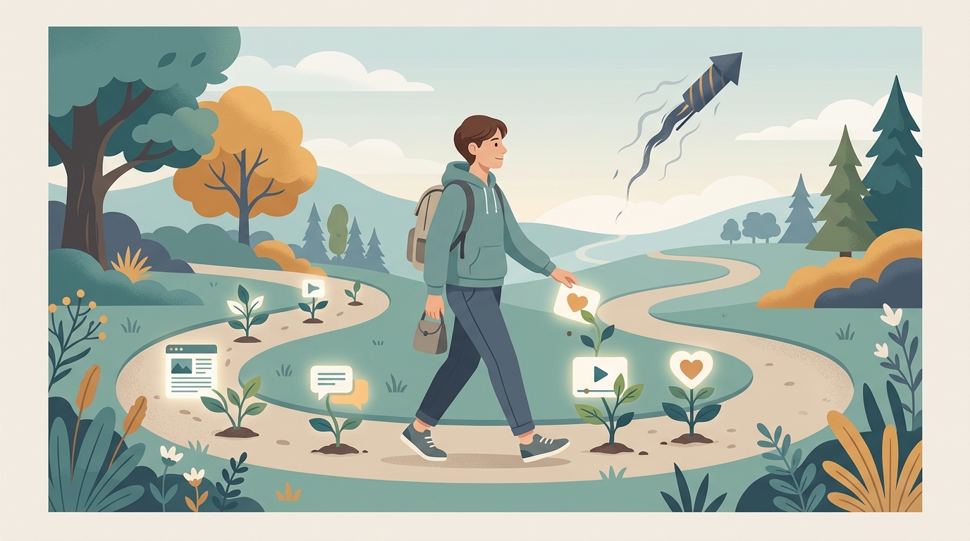 Transmitir presença digital sustentável — ritmo constante e equilibrado em vez de picos de viralização — para a imagem de abertura.