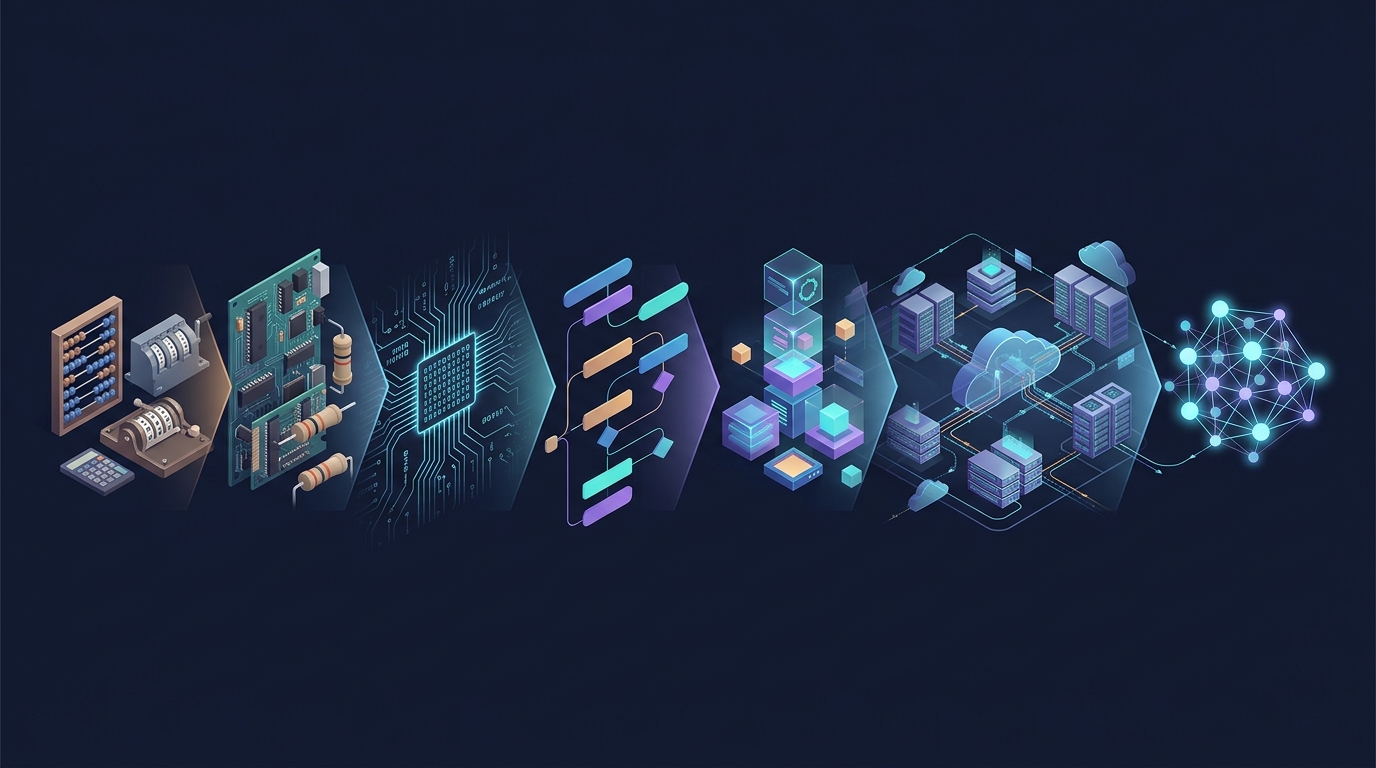 visualizar a evolução de cálculo manual → assembly → linguagens de alto nível → frameworks → cloud → IA. - Prompt: - “Timeline horizontal minimalista mostrando evolução da programação: hardware e asse