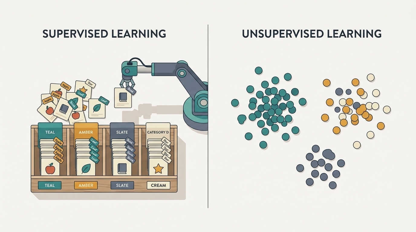 Diferencia entre aprendizaje supervisado y no supervisado: datos etiquetados frente a datos agrupados sin etiquetas.