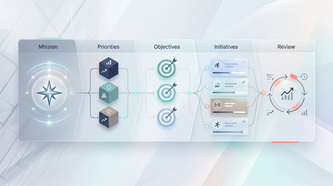 Show the alignment chain between mission, priorities, objectives, and initiatives.