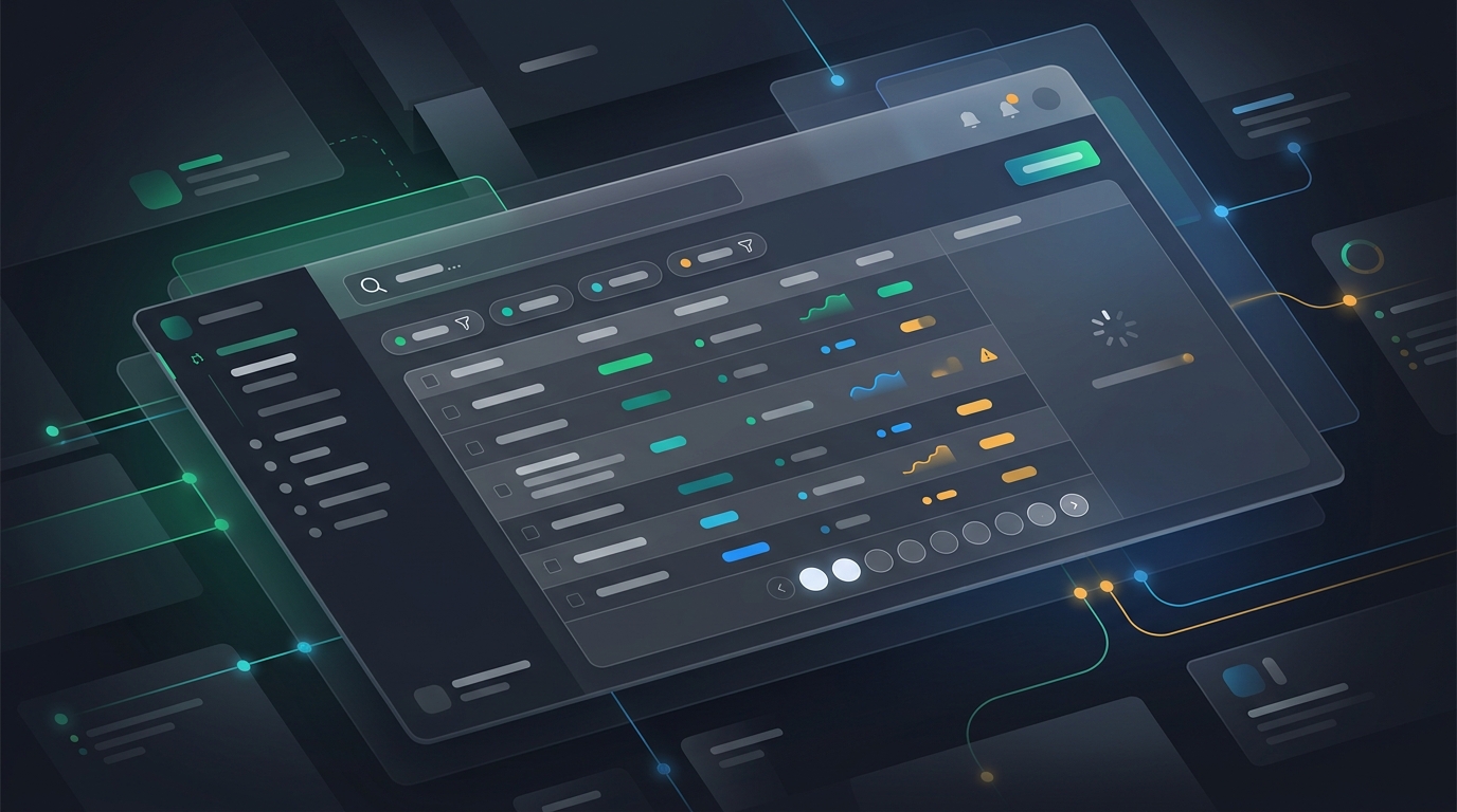 Modern dashboard interface with a data table, search bar, status filters, and pagination controls.