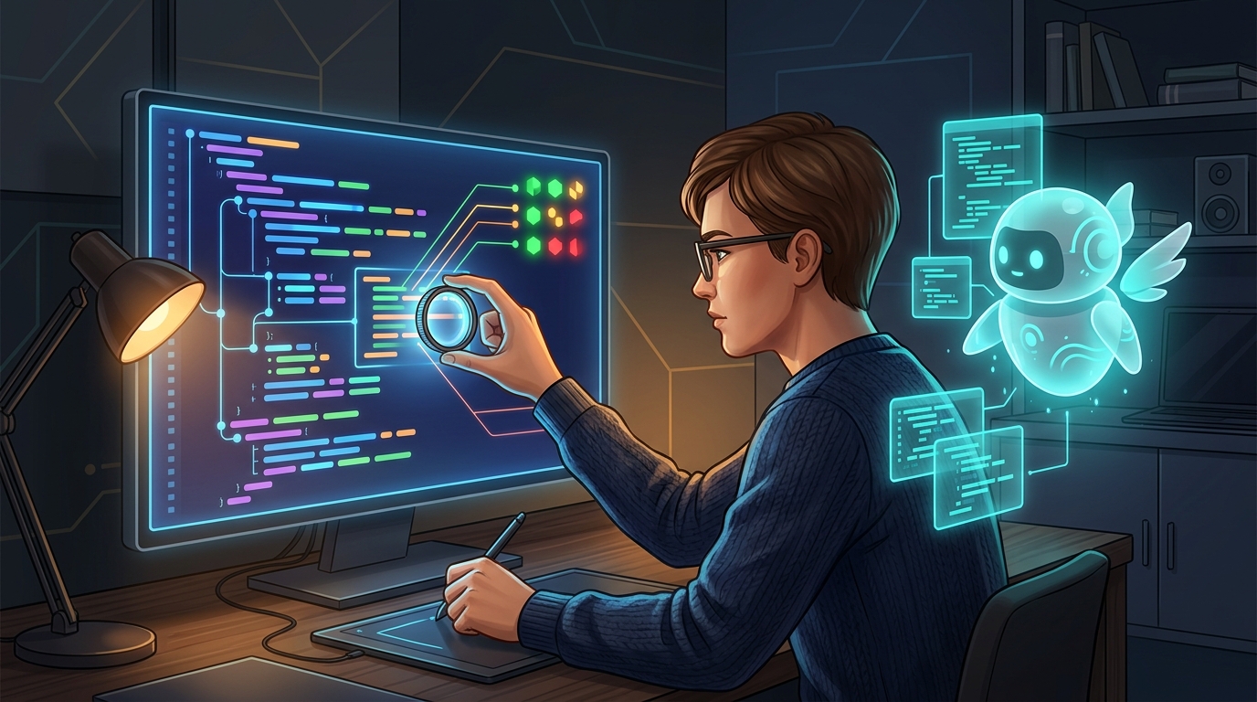 Developer reviewing code suggestions from an AI assistant displayed beside them on a monitor.