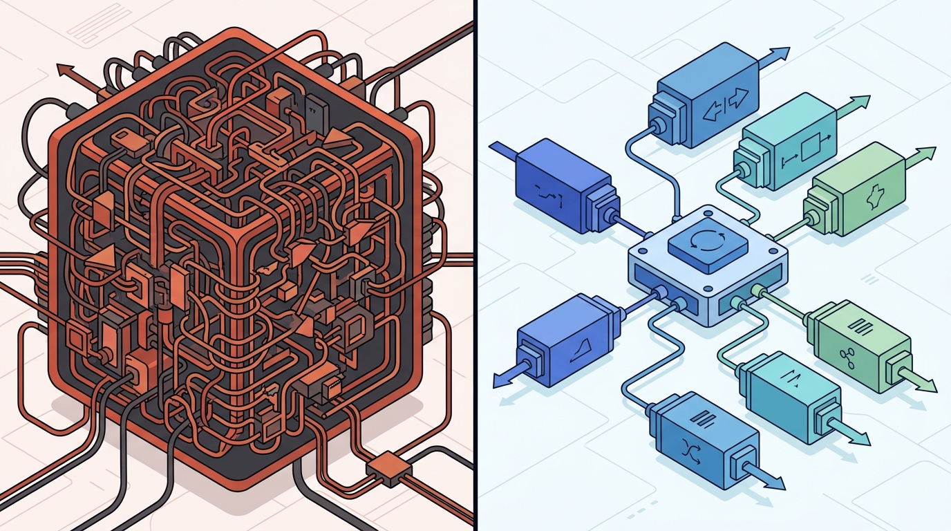 mostrar graficamente a diferença entre um bloco único com múltiplos if/else e múltiplas estratégias plugáveis. - Prompt: “Imagem dividida em duas partes: à esquerda um bloco de código denso com muitos
