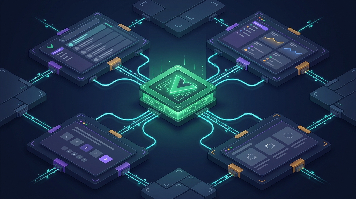 Abstract illustration of modular blocks representing reusable functions, with code icons and arrows showing reuse across components.